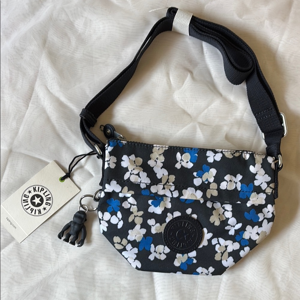 Kipling Black and Blue Crossbody Bag with Floral Design